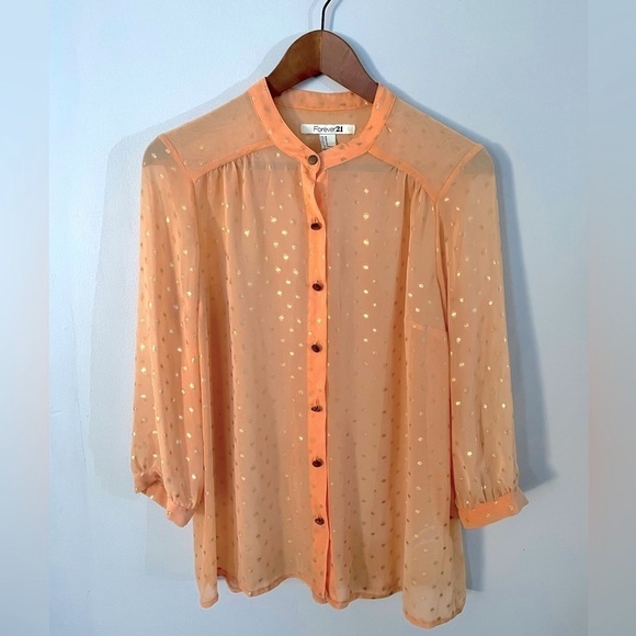 ☀️Forever 21 Peach and Gold Polkadot Blouse Size Medium - Picture 1 of 5